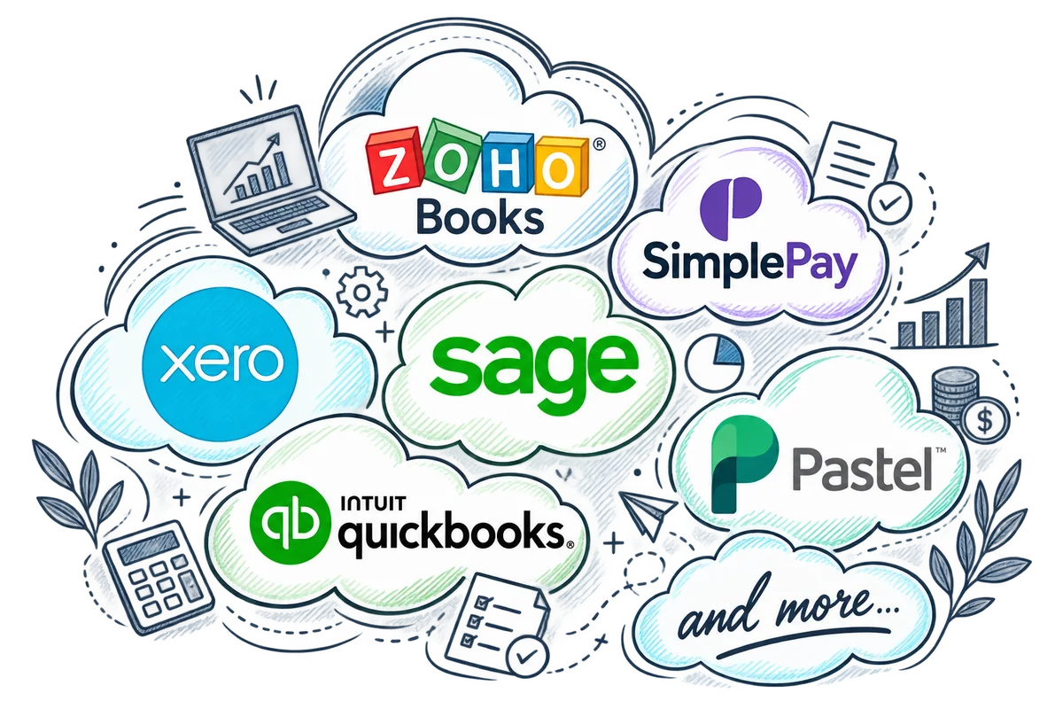 A drawing of clouds carrying accounting software logos — Zoho Books, SimplePay, Xero, Sage, QuickBooks and Pastel — with a last cloud reading “and more”